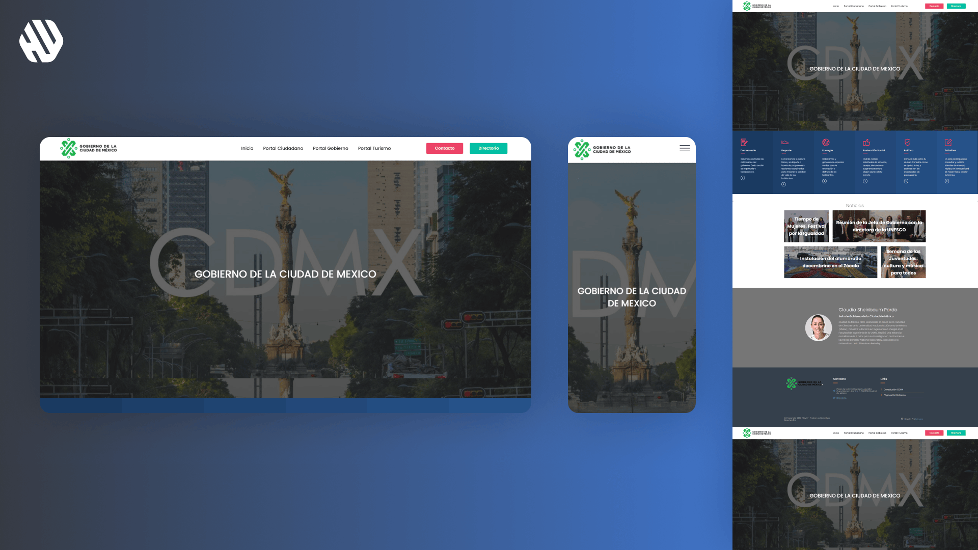 Website design mockups for Gobierno de la Ciudad de Mexico with logo and interface elements displayed.